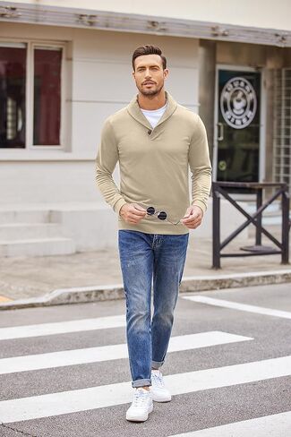 COOFANDY Men's Fashion Shawl Collar Pullover Casual Long Sleeve Knitted Sweater Sweatshirts in Kuwait