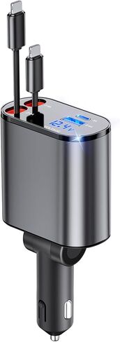 Retractable Car Charger, 4 in 1 Fast Car Phone Charger 66W, Retractable Cables [30W PD 3.0] and USB Car Charger, USB C Car Charger for iPhone 15/14/13/12/11, Galaxy, Pixel in Kuwait