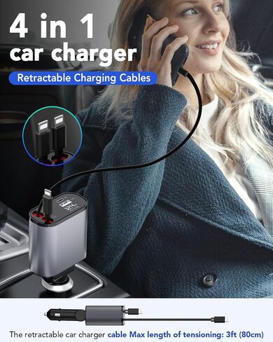 Retractable Car Charger, 4 in 1 Fast Car Phone Charger 66W, Retractable Cables [30W PD 3.0] and USB Car Charger, USB C Car Charger for iPhone 15/14/13/12/11, Galaxy, Pixel in Kuwait