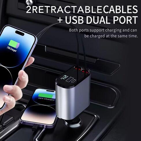 Retractable Car Charger, 4 in 1 Fast Car Phone Charger 66W, Retractable Cables [30W PD 3.0] and USB Car Charger, USB C Car Charger for iPhone 15/14/13/12/11, Galaxy, Pixel in Kuwait