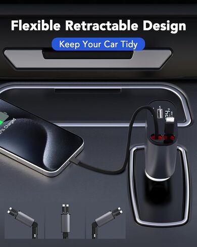 Retractable Car Charger, 4 in 1 Fast Car Phone Charger 66W, Retractable Cables [30W PD 3.0] and USB Car Charger, USB C Car Charger for iPhone 15/14/13/12/11, Galaxy, Pixel in Kuwait
