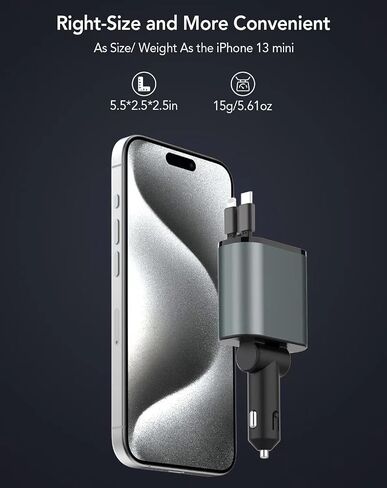 Retractable Car Charger, 4 in 1 Fast Car Phone Charger 66W, Retractable Cables [30W PD 3.0] and USB Car Charger, USB C Car Charger for iPhone 15/14/13/12/11, Galaxy, Pixel in Kuwait