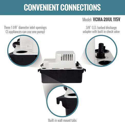 Little Giant VCMA-20UL، 115 فولت، 80 جيجا في الساعة 1/30 حصان مضخة إزالة المكثفات الأوتوماتيكية (بدون مفتاح أمان)، أبيض/أسود، 554421 in Kuwait