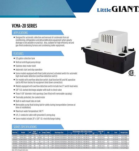 Little Giant VCMA-20UL، 115 فولت، 80 جيجا في الساعة 1/30 حصان مضخة إزالة المكثفات الأوتوماتيكية (بدون مفتاح أمان)، أبيض/أسود، 554421 in Kuwait