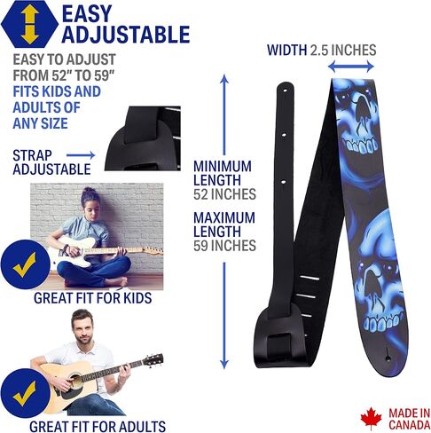 Perri's Leathers Ltd. - Guitar Strap - Direct To Leather - Skull and Rose - Adjustable - For Acoustic/Bass/Electric Guitars - Made in Canada (P25DTL-11039) in Saudi Arabia