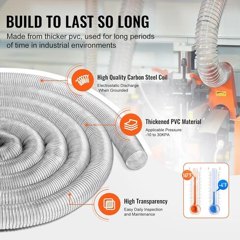 VEVOR Dust Collection Hose, 4'' x 50', Thickened PVC Material Puncture-Resistant Flexible Clear Hose with Carbon Steel Wire Coil 4 x 304 Stainless Clamps, for Table Saw, Band Saw, Planer, Jointer in Saudi Arabia