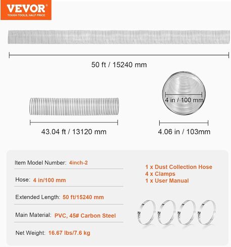 VEVOR Dust Collection Hose, 4'' x 50', Thickened PVC Material Puncture-Resistant Flexible Clear Hose with Carbon Steel Wire Coil 4 x 304 Stainless Clamps, for Table Saw, Band Saw, Planer, Jointer in Saudi Arabia