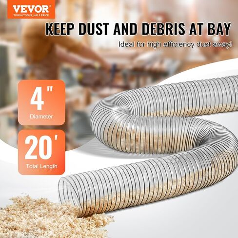 VEVOR Dust Collection Hose, 4'' x 50', Thickened PVC Material Puncture-Resistant Flexible Clear Hose with Carbon Steel Wire Coil 4 x 304 Stainless Clamps, for Table Saw, Band Saw, Planer, Jointer in Saudi Arabia