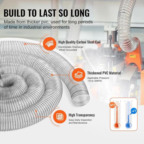 VEVOR Dust Collection Hose, 4'' x 50', Thickened PVC Material Puncture-Resistant Flexible Clear Hose with Carbon Steel Wire Coil 4 x 304 Stainless Clamps, for Table Saw, Band Saw, Planer, Jointer in Saudi Arabia