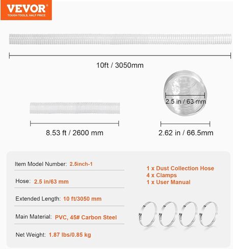 خرطوم جمع الغبار VEVOR، مقاس 10.16 سم × 127.9 سم، خرطوم شفاف مرن مقاوم للثقب من مادة PVC السميكة مع ملف أسلاك الفولاذ الكربوني 4 × 304 مشابك غير قابلة للصدأ، لمنشار الطاولة، منشار الشريط، المسوي، الموصل in Saudi Arabia