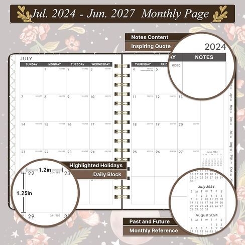 2024-2027 Pocket Planner - Monthly Pocket Planner (36-Month) with 60 Notes Pages, Jul. 2024 - Jun. 2027, 6.4" x 3.8", 3 Year Monthly Planner with Contacts, Holidays and Pen Holder, Back Pocket - Moon in Saudi Arabia