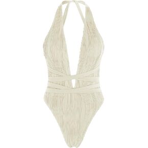 ZAFUL Women's One Piece Swimsuit Deep V Neck Self Tie High Cut Crisscross Back Bathing Suit
