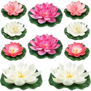 10PCS 3 Sizes Artificial Foam Lotus Floating Flowers with Water Lily Pad Ornaments for Home Garden Pond Decor Pools Water Decorations, Colorful