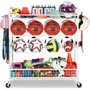 Garage Sports Equipment Organizer - Rolling Ball Storage Bin with Wheels, Garage Sports Gear Rack Outdoor Basketball Racks for Balls with Baseball Bat Holder and Hooks, Toy Organizer(White)