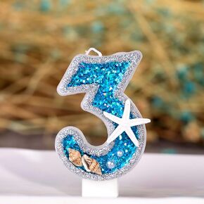 3 Inch Starfish Blue Birthday Candles Numbers No.5 (Only No. 5) with Sequins Birthday Candles for Cake, Glitter Number Candle for Anniversary Themed Party,with Conch, Pearl, Starfish, 5 Candle (5)