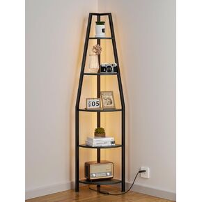 Furnulem 5 Tier Corner Shelf with LED Light, 67.2" Tall Standing Shelf for Wall Corner, Narrow Bookshelf Ladder Shelf for Bedroom, Living Room, Plant, Wood Storage Rack, Metal Frame (Rustic Brown)