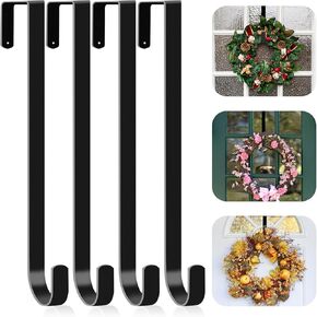 4 Pack 15" Wreath Hanger for Front Door, Wreath Door Hanger for Halloween Wreath, Over the Door Hanger Hook Metal Wreath Hook, Garland Hanger, Wreath Holder for Christmas Fall Wreath Decorations-Black