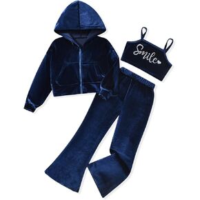 fioukiay Girls Sweatsuits Set Velour Tracksuit 3 Piece Outfits Zip Up Hoodies Camisole and Flare Pants Athletic Jogging Set