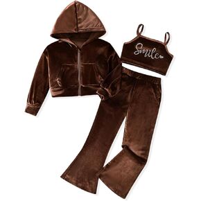 fioukiay Girls Sweatsuits Set Velour Tracksuit 3 Piece Outfits Zip Up Hoodies Camisole and Flare Pants Athletic Jogging Set