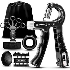 ALMAH Hand Grip Strengthener kit(5 Pack),Grip Strength Trainer,Forearm Workout Trainer Adjustable Grip Exercises,Finger Grip Strengthener,Finger Stretcher,Grip Ring & Stress Relief Ball with Carry Bag