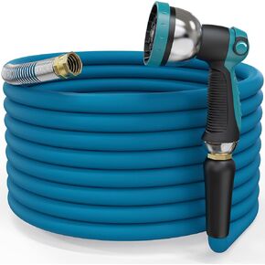 Heavy Duty Hybrid Garden Hose 50 ft x 5/8 in, Reinforced Water Hose with 10 Patterns Sprayer Nozzle, 3/4" Solid Brass Fittings, Drinking Water Safe Material, Suction Hoses, Burst 600 psi