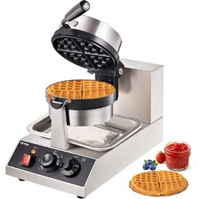VEVOR Commercial Round Waffle Maker Nonstick 1100W Stainless Steel 110V Temperature and Time Control, Suitable for Restaurant Bakeries Snack Bar Family, Non-rotated
