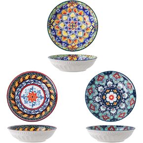 KXZ Bohemian 6-Piece Cat Bowl Set, 5.8" Wide Shallow Ceramic Cat Food Dishes, 9oz Whisker Friendly Kitten Feeding Bowls, Colorful Cute Flat Ceramic Cat Bowls for Food, Ideal for Whisker Fatigue Relief
