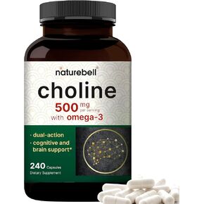 Choline Supplements 500mg with Omega-3 Fatty Acids, 240 Capsules | High Potency Choline Bitartrate – Prenatal Support During Pregnancy – Promotes Energy, Liver, Brain, & Cognitive Health