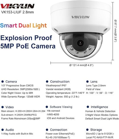 كاميرا VIKYLIN 4K PoE 8MP IP مع صوت/ميكروفون، رؤية ليلية ذكية مزدوجة الألوان كاملة الألوان 98 قدمًا، اكتشاف الإنسان/المركبة بالذكاء الاصطناعي، ON-VIF، H265+، IP67، 120 ديسيبل WDR، MicroSD(512G) in Kuwait