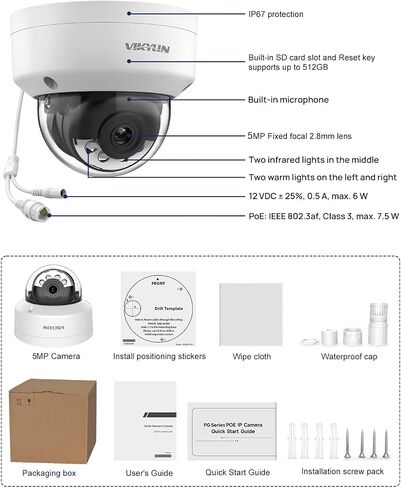 كاميرا VIKYLIN 4K PoE 8MP IP مع صوت/ميكروفون، رؤية ليلية ذكية مزدوجة الألوان كاملة الألوان 98 قدمًا، اكتشاف الإنسان/المركبة بالذكاء الاصطناعي، ON-VIF، H265+، IP67، 120 ديسيبل WDR، MicroSD(512G) in Kuwait