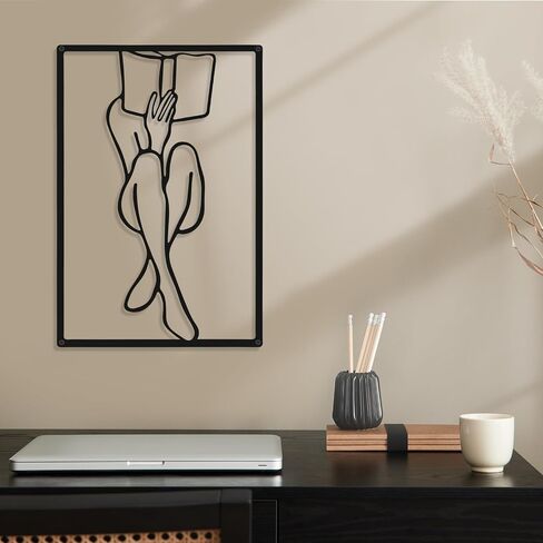 CHENGU 3 Pieces Metal Minimalist Abstract Woman Wall Art Line Drawing Wall Art Decor Single Line Female Home Hanging Wall Art Decor for Kitchen Bathroom Living Room (Black,Reading) in Saudi Arabia