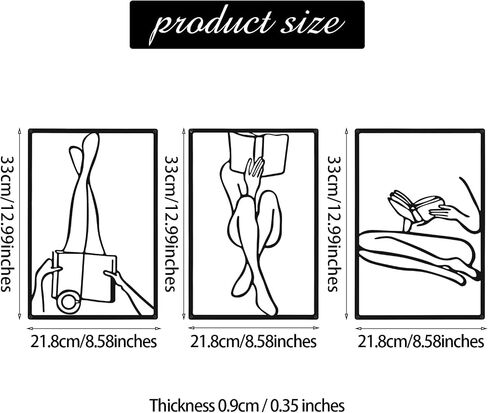 CHENGU 3 Pieces Metal Minimalist Abstract Woman Wall Art Line Drawing Wall Art Decor Single Line Female Home Hanging Wall Art Decor for Kitchen Bathroom Living Room (Black,Reading) in Saudi Arabia