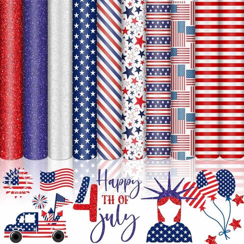 10 أوراق من الفينيل الوطني لنقل الحرارة في الرابع من يوليو، حديد على الفينيل العلم الأمريكي الأحمر والأزرق والأبيض ونجمة HTV لاصقة من الفينيل لملابس يوم الاستقلال زي DIY Fabirc in Kuwait