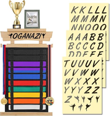 10 Belts Karate Belt Display Rack with Personalized Stickers, Taekwondo Belt Display Holder with Bamboo Trophy Rack, Felt Martial Arts Belts Display Holder for Taekwondo, Karate, BJJ Gifts in Saudi Arabia