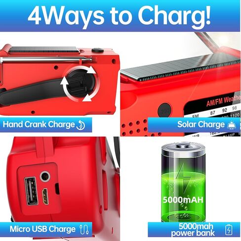 Emergency Radio, NOAA/AM/FM Weather Radio, Hand Crank Radio, Solar Radio, 5000MAH Rechargeable Battery Powered with USB Charging, SOS Alarm,Flashlight, & LED Reading Lamp for Camping Survival Home in Kuwait