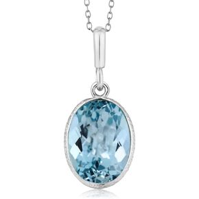 Gem Stone King 925 Sterling Silver Blue Topaz Pendant Necklace For Women (7.00 Cttw, Gemstone Birthstone, 14X10MM Oval Shape with 18 Inch Silver Chain)