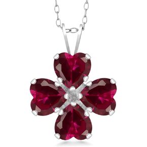 Gem Stone King 925 Sterling Silver Red Created Ruby 4 Heart Shape Gemstone July Birthstone Pendant Necklace For Women (3.84 Cttw, 6MM Heart, with 18 Inch Silver Chain)