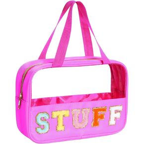 سينوغ شنطة مكياج كبيرة شفافة من قماش الشانيل بحروف من الشانيل مع رقع حروف من الشانيل الشفاف، شنطة مكياج للسفر للنساء والفتيات in Kuwait