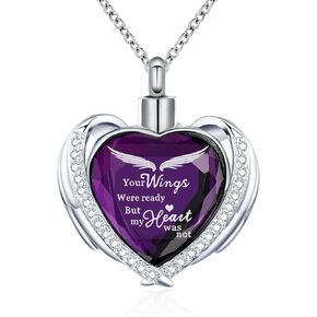 MOSURNSJWY Cremation Jewelry Angel Wing Heart Urn Necklaces for Women Girls Crystal Memorial Ash Pendant Keepsake Jewelry for Loved Ones