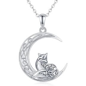 Midir&Etain Fox Necklace 925 Sterling Silver Mother/Daughter/Celtic Knot Moon/Anime Fox Pendant Necklace Hypoallergenic Fox Jewelry Birthday Christmas Gift for Men Women