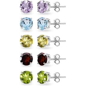 5-Pair Set Sterling Silver Amethyst, Blue Topaz, Citrine, Garnet and Peridot Round Stud Earrings, 4mm or 6mm