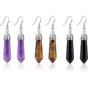 Jovivi 3Pairs Healing Crystals Earrings Sets for Women Girls Natural Real Amethyst Rose Quartz Stone Healing Hexagonal Points Crystal Chakra Dangle Earrings