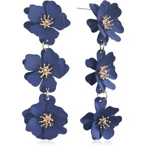Unique Chic Long Matte Flower Dangle Earrings Cute Bohemian Tiered Triple Floral Drop Stud Earrings Ear Drop for Women Girls Statement Jewelry Gifts Parties Prom