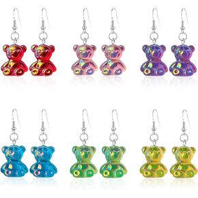 6 Pairs Gummy Bears Earring Set Cute Bear Dangle Earring Colorful Resin Candy Cartoon Animal Drop Stud Earring for Women Girls Jewelry