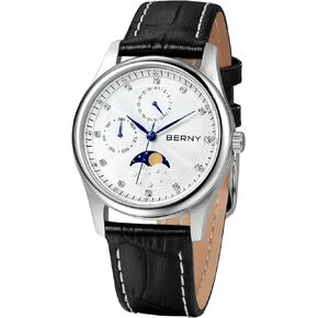 BERNY Womens Multi-Function Watch with Calendar and Moon Phase Watch - Stainless Steel Case and Leather Band