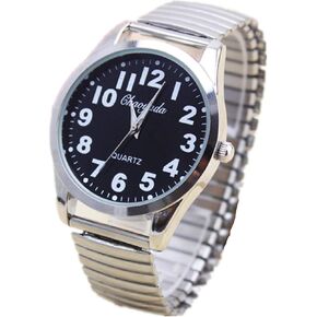 Vavna Classic Men’s Easy Reader Big Dial Number Sliver Stainless Steel Expansion Strap Bracelet Elastic Wristwatches Glow in Dark (Dial 40 Black)