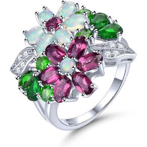 Women Rings for Womens Girls 925 Sterling Silver Setting Natural Gemstone Rhodolite Garnet Opal Chrome Diopside Birthstone Promise Ring Cubic Zirconia Fine Jewelry