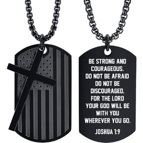 MEALGUET 2-in-1 American Flag Tag and Cross Pendant Necklace Handsome Stainless Steel Black Bible Verse Engraved Inspirational Christian Gift for Boys Men, Patriotic Jewelry for him,