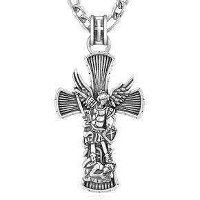 St Michael Necklace for Men 925 Sterling Silver Cross Archangel Michael Necklace Protection Amulet Jewelry Gifts for Men Women Father Husband