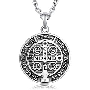 Cross St. Benedict Saint Medal Protection Seal Exorcism Sacramental Christian Amulet Solid 925 Sterling Silver Pendant Necklace + Velvet Pouch, Polishing Cloth, Gift Box